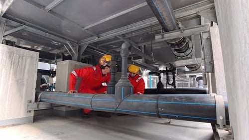 Arbeiter reparieren große Industrierohre in der Anlage