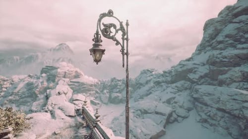 Snow Covered Mountain Landscape with Ornate Street Lamp in Soft Lighting