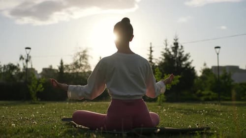 Back View of Unrecognizable Serene Woman Meditating Sitting on Yoga Mat in Lotus Position in Park at