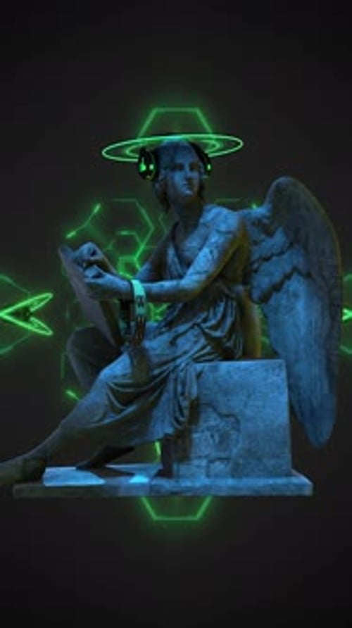 Futuristic Angel Statue with Headphones and Neon Green Glow