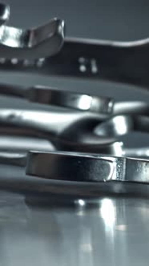 Stacked Wrenches and Spanners with Reflective Highlights Filmed on a Highspeed Camera at 1000 Fps