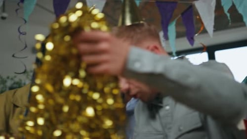 Happy Colleagues Enjoy Celebration Office Party Close Up Coworkers Decorating