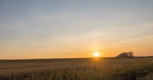 Meadow Timelapse at the Autumn Sunrise Time Wild Nature and Rural Grass Field Sun Rays and Yellow