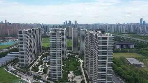 Aerial View of a Bustling City with Modern Skyscrapers Hangzhou China