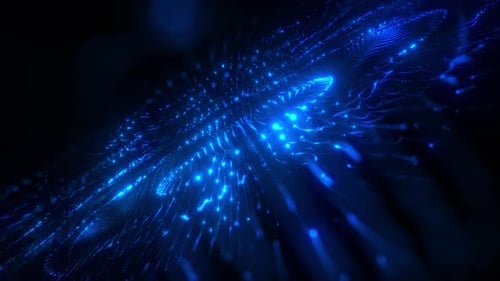 Fond abstrait avec particules de forme ondulée, cyber-ondes bleues numériques. Vidéo 4K en boucle fluide