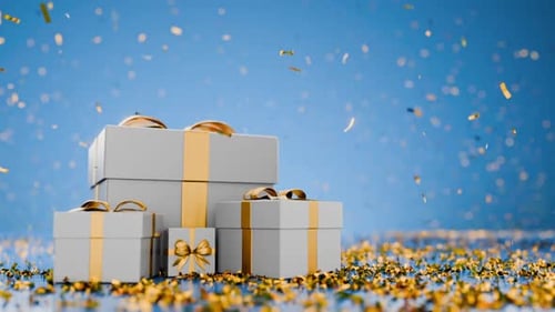 Animated Gift Boxes with Falling Golden Confetti on Blue Background