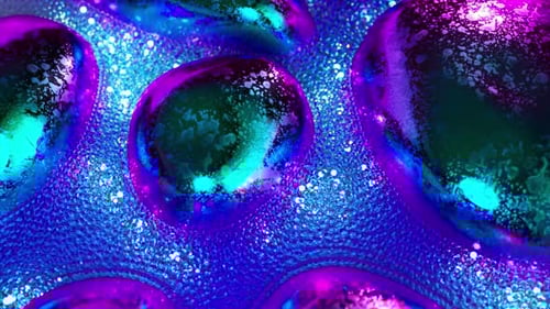 Abstract Concept A Stream of Glowing Blue Neon Particles Flows Around Gray Metal Bubbles Closeup 3d