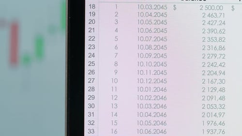 Closeup of Financial Cash Flow Data on PC Screen Mortgage Payment Sheet Schedule Loan Fee