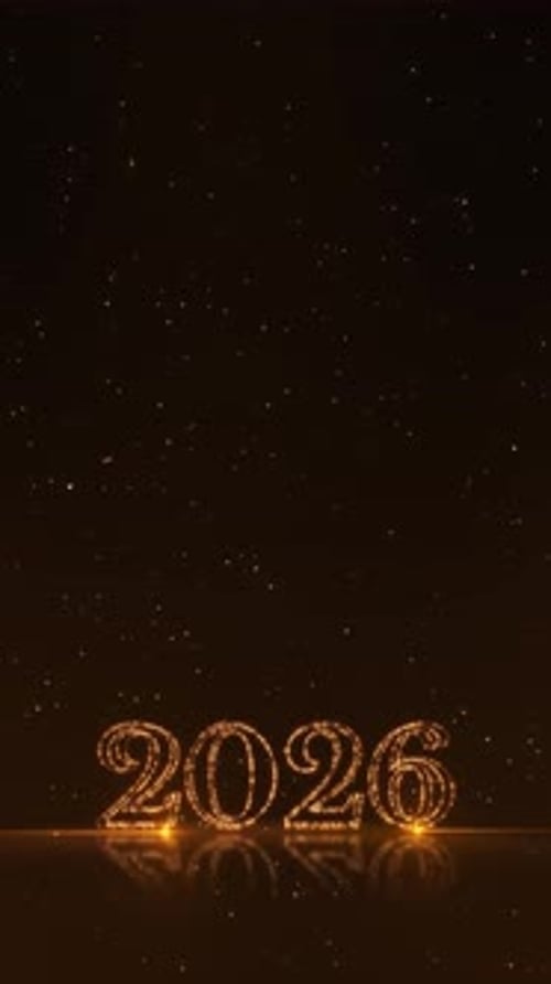 2026 Las partículas de Feliz Año Nuevo vuelan Saludo, animación, Año Nuevo, vacaciones. Feliz Año Nuevo 2026