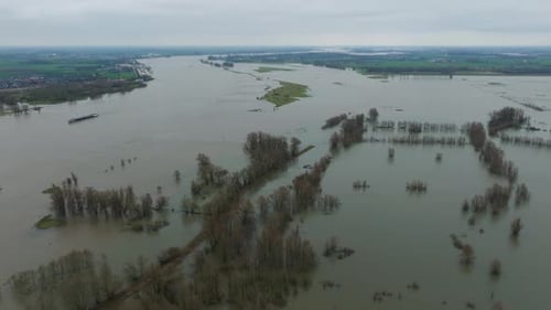 Drone view of floodwaters around the River Waal at Gorinchem, Netherlands