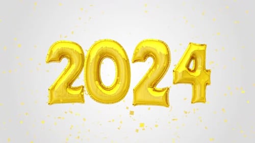 Frohes neues Jahr 2024 Frohe Weihnachten Goldene Folienballons Textdekoration Glitzer-Konfetti auf trendig