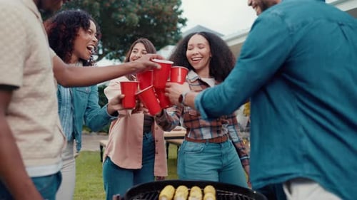 People, barbecue and drinks toast for reunion, celebration and party with grill