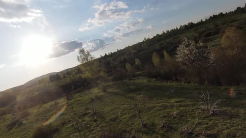Fast and Maneuverable Flight Over the Hill with Forest and Tree Tops with a Beautiful Sunset in the
