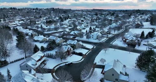 Snowy Suburban Neighborhood Aerial View in Winter