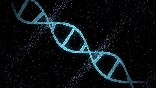 Concept scientifique, génétique et technologique - Rendu 3D d'une molécule d'ADN virtuelle sur fond noir...