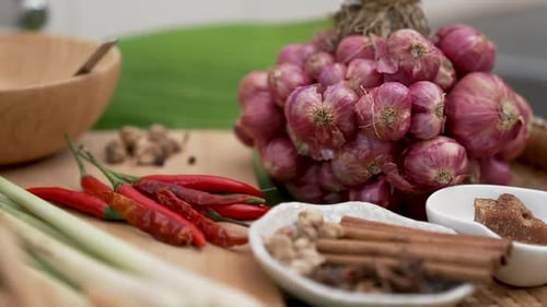 Purple Shallots, Red Chili, Herbs and Spices for Traditional Thai Cuisine