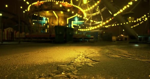 Illuminated Festive Carousel And Ferris Wheel Lights Reflection
