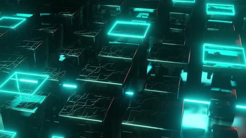 Futuristic Tech Grid with Glowing Neon Cubes Background