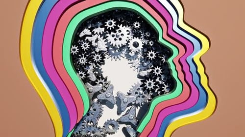 Human Head Silhouette with Colorful Layers and Moving Gears
