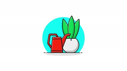 Animated Watering Can Nurtures Potted Plant in Flat Design