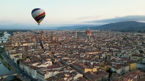 Florence Colorful Hot Air Balloon Epic Flying Above the City at Sunrise Italy