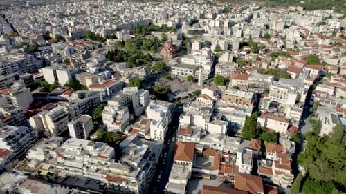 Xanthi City Center Aerial View, Pullback Shot