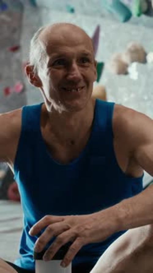 Vertical of Middle-Aged Man Talking to Climber after Rock Climbing Training