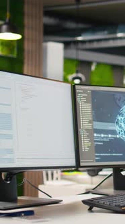 Vertical Video PC on Office Desk Used to Implement Algorithms Enabling Deep Learning