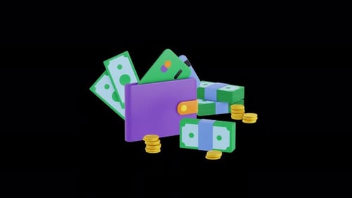 Money, Golden coin, dollar bills animation. 3d render. Bank service, investment, income