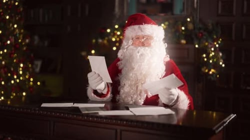 Christmas Mail Santa Claus Sorting Letters and Reading Portrait in Santa Office Fairytale and
