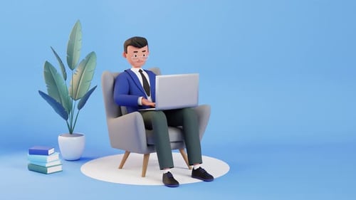 3D Business Man Working Remotely on Laptop Animation
