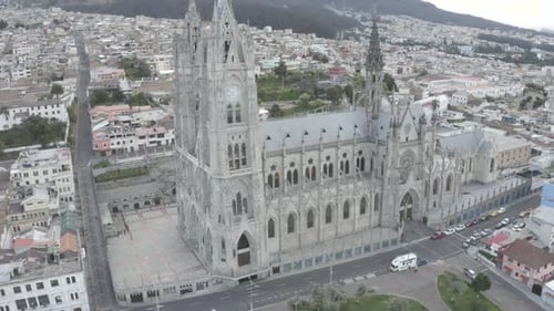Drone shot of La Basilica del Voto Nacional located in the city of Quito, Ecuador during quarantine.