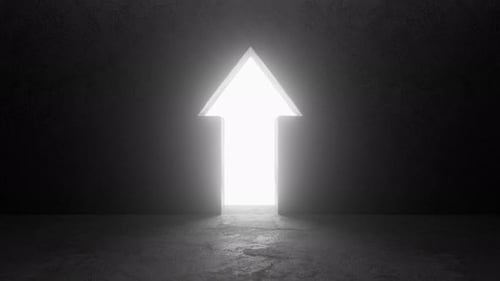 Arrow shaped door opening, revealing bright light