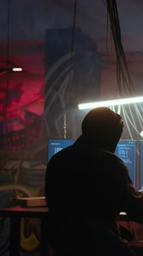 Vertical Video Hacker in Hidden Location with Graffiti Walls Using PC to Deploy Malware