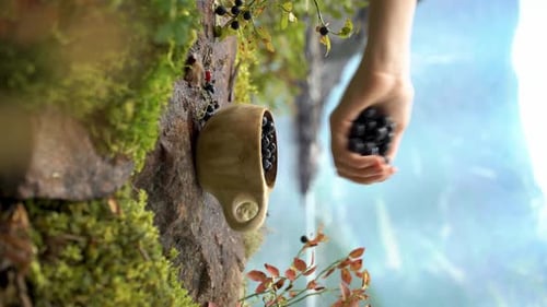 Hand Taking Blueberries from Wooden Mug in Nature