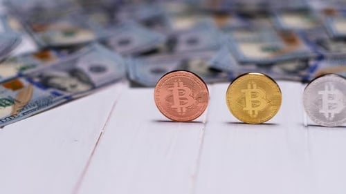 Crypto Currency Coins and Dollar Bills