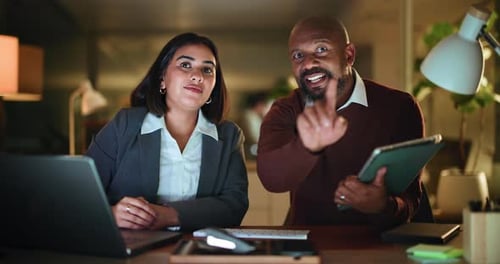 Face, business and people in office with technology, talking and strategy for night project