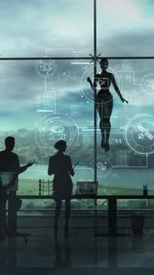 Futuristic AI Humanoid with Data Display in Office Window