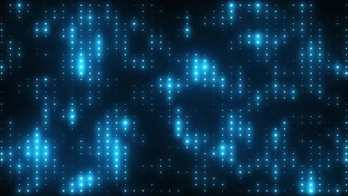 Bright glowing disco background of a vibrant flashing lights wall. Disco party VJ loop, blue neon