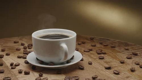 Steaming Coffee Cup with Scattered Coffee Beans