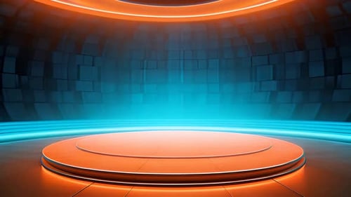 Futuristic Neon Virtual Stage with Glowing Podium Background Loop