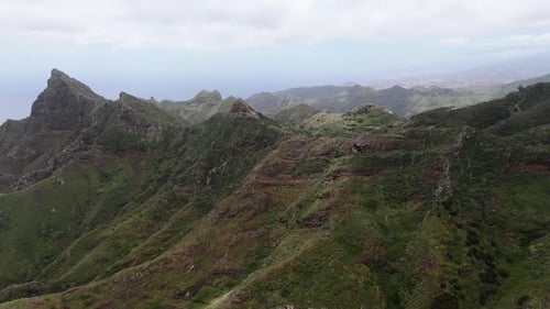 Aerial Drone View of Mountains and Cliffs in Northern Tenerife on a Cloudy Spring Day