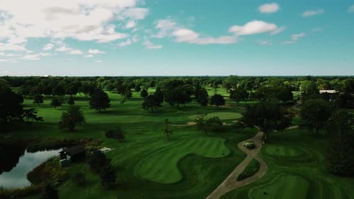 Low Drone Flight Over Freshly Cut Golf Field Lined With Full-Grown Trees, Northbrook , Illinois, Chi