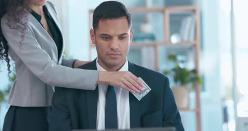 Cash, corporate bribery and man with woman in modern office, money laundering in pocket