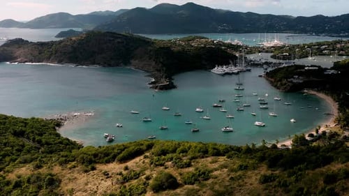 Aerial shot of sunset in English Harbor in Antigua, Caribbean with views of yachts, sailboats, marin