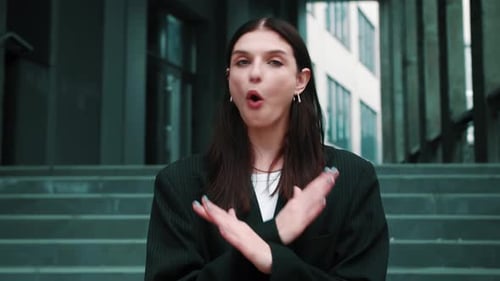 No Young Beautiful Caucasian Business Woman Rejecting Offer By Crossing Hands and Waving Head