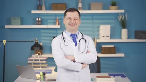Smiling Doctor Confidently in Medical Office
