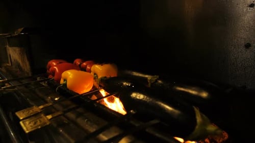 Motion Past Eggplants and Bell Peppers Cooked on Grill in Cafe