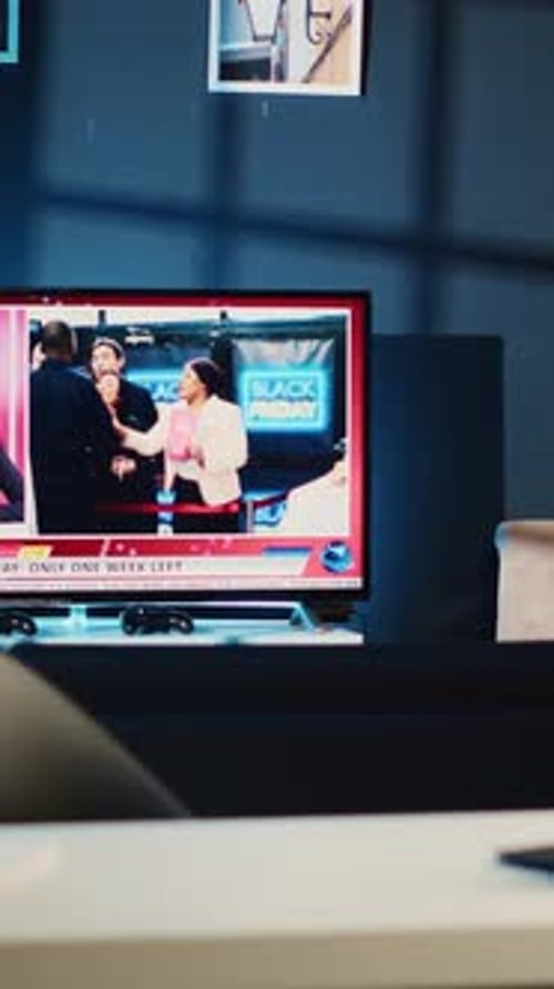 Vertical Video TV News Broadcast in Neon Lit Home
