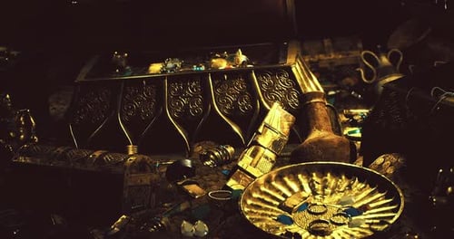Ancient Treasure Chest Opening with Gold Coins and Jewels Reveal